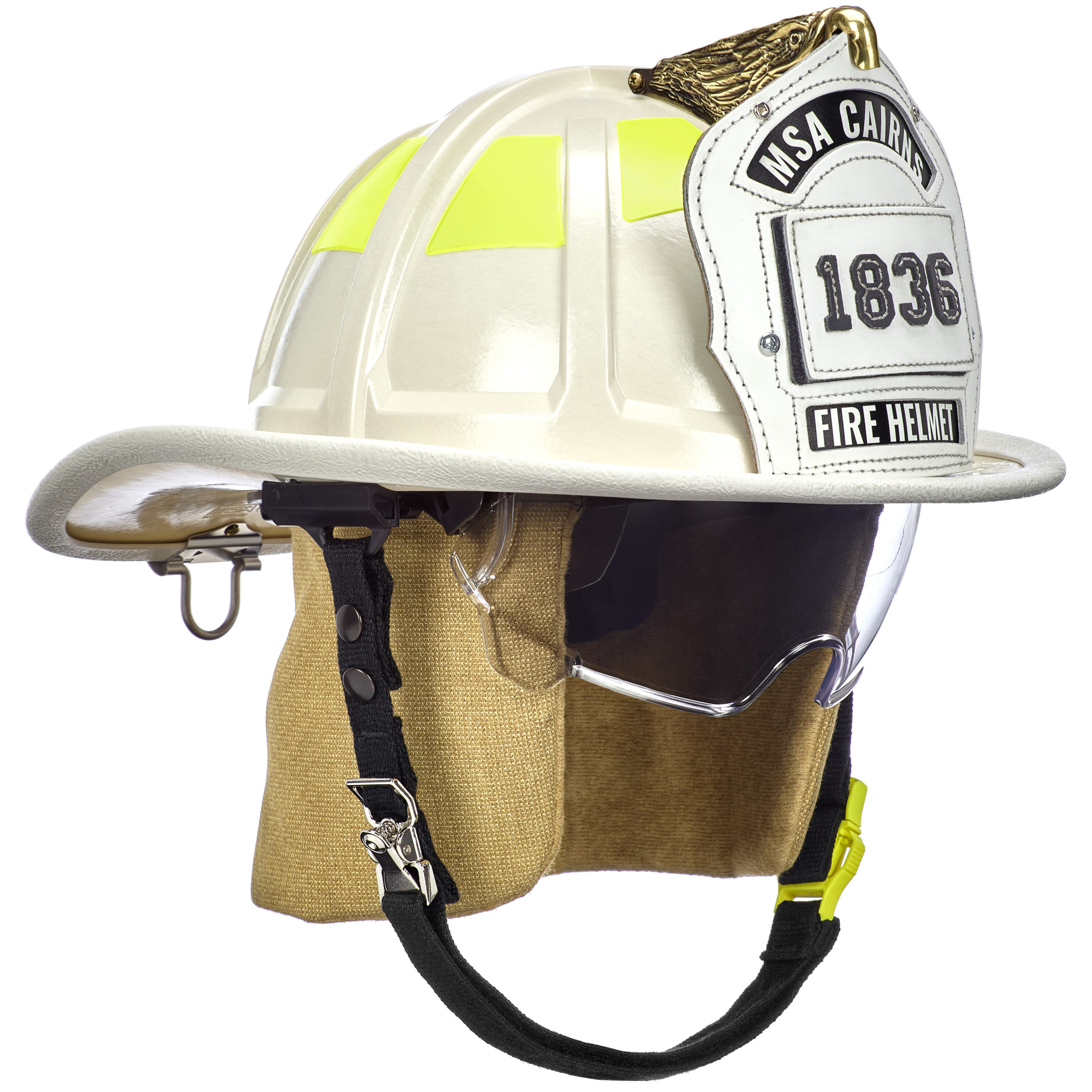 Cairns 1836 White Fire Helmet, with deluxe leather liner, clear Defender Visor, PBI earlaps, 6" carved eagle, Reflexite lime yellow